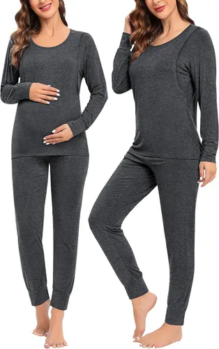 Vista 3 de SWOMOG Conjunto de bata de maternidad para mujer, pijama de lactancia para lactancia materna