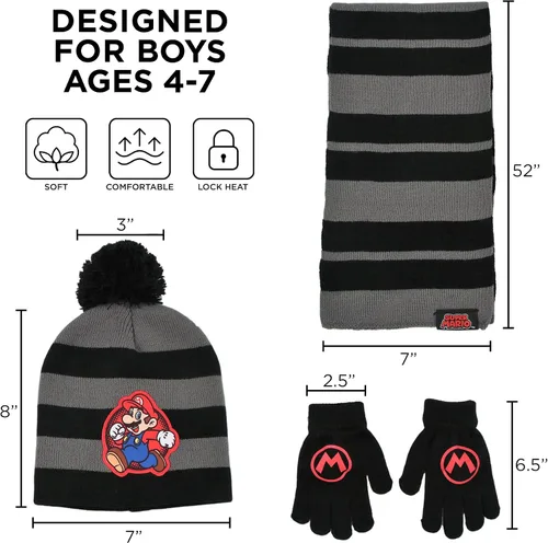 Vista 6 de Nintendo Conjunto de gorro de invierno, bufanda y guantes para niños, Super Mario para edades de 4 a 7 años