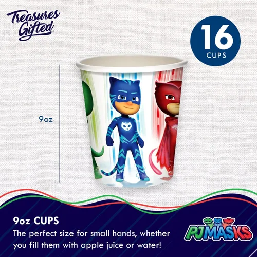 Vista 5 de Treasures Gifted Suministros para fiesta de cumpleaños con licencia oficial de PJ Masks - Sirve a 16 invitados - Juego clásico de vajilla PJ Masks