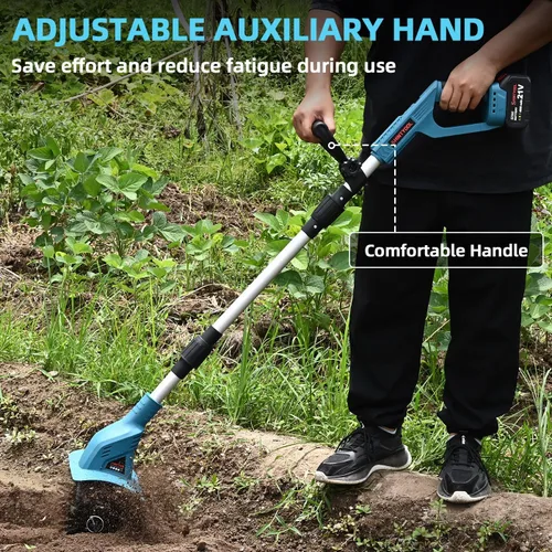 Vista 7 de Cultivador de suelo sin cable de 21 V, cultivador de jardín de 8 pulgadas de ancho con batería de 4.0 Ah, cultivador con dientes de acero y pantalla