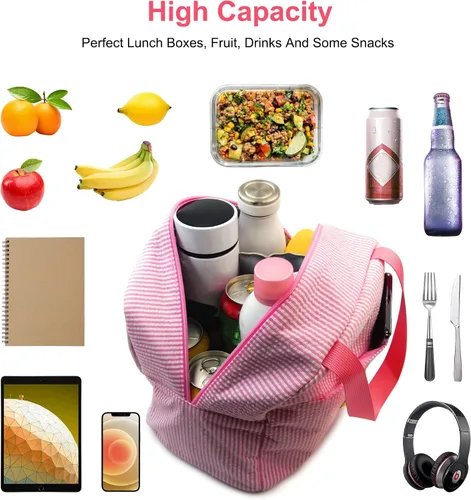 Vista 4 de Lonchera para mujeres, niñas y hombres, lindas bolsas de felpilla con cara sonriente, reutilizable, aislada, gran capacidad, reutilizable, aislada