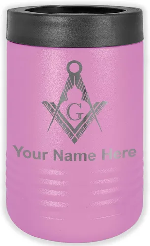 Vista 5 de LaserGram Aislador personalizado de latas y botellas de acero inoxidable, símbolo masón, mantiene las bebidas frías durante más tiempo (negro)