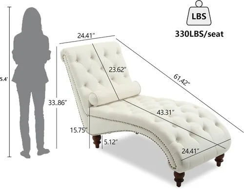Vista 2 de Tumbona con botones para interiores, tumbona de terciopelo con patas y almohada, respaldo enrollado sin brazos, sofá reclinable para sala de estar