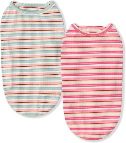 Vista 3 de Camisas para perros, chaleco de algodón a rayas, ropa elástica sin mangas para perros pequeños, paquete de 2 camisetas suaves y transpirables