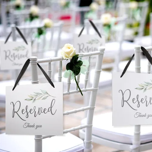 Vista 3 de Zonon 6 carteles reservados para sillas de boda colgantes con cinta, cartel de asiento de silla de boda, pancarta de papel para ceremonia, fiesta
