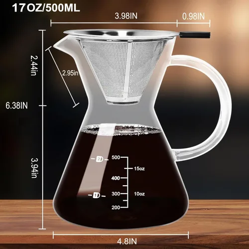 Vista 2 de Cafetera de vidrio para verter sobre vidrio de 17 onzas y filtro inoxidable