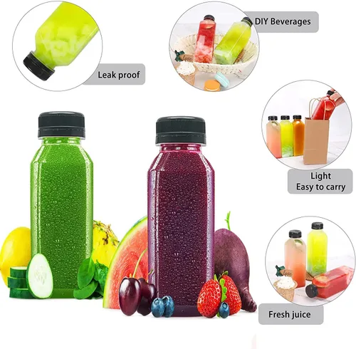 Vista 4 de Botellas de jugo de plástico de 10 onzas, recipientes reutilizables para bebidas a granel, para jugo, leche y otras bebidas, 4 unidades.