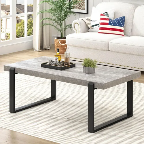 Vista 12 de FOLUBAN Mesa de café negra, mesa central moderna de madera y metal industrial, mesa rectangular de cóctel y té para sala de estar, 47 pulgadas