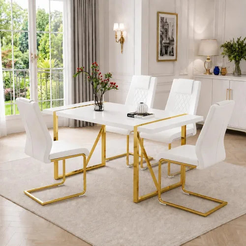 Vista 23 de Juego de mesa de comedor moderna de 55 pulgadas para 4, mesa de comedor negra y marco de metal dorado, mesa de comedor rectangular con 4 sillas