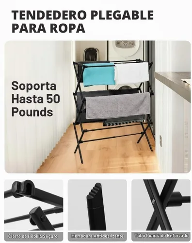 Vista 5 de Estante de Secado de Ropa Plegable de Metal de 3 Niveles, Perchero de Ropa para Secar Percheros Plegables para la Lavandería Para
