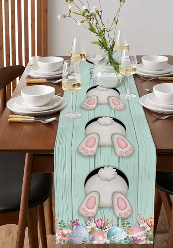 Vista 4 de Camino de mesa de Pascua de primavera de 36 pulgadas de largo, bufandas de vestido de granja, huevos coloridos de conejo, madera verde, mesa de Cola