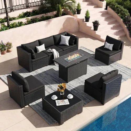 Vista 13 de Juego de muebles de patio, sofá seccional de mimbre para exteriores Beige/Negro