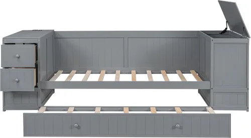 Vista 7 de SOFTSEA Sofá cama de tamaño individual con nido, cajones y puertos USB, sofá cama de madera maciza con estantería de almacenamiento, multifuncional