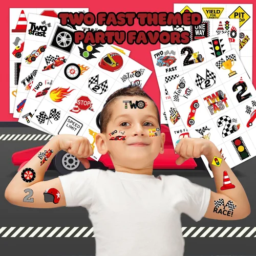 Vista 2 de 96 piezas de dos tatuajes temporales rápidos para niños, recuerdos de fiesta de segundo cumpleaños, suministros de decoración de carreras a cuadros