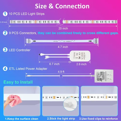 Vista 6 de maylit Kit de 10 luces RGB inteligentes para debajo del gabinete, compatible con Alexa y Google Assistant, aplicación y control remoto