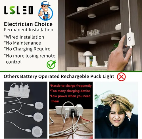 Vista 3 de Luces LED de disco con cable, regulables debajo del gabinete, carcasa de aluminio con interruptor táctil, paquete de 3 unidades de 9 W 3000 K blanco