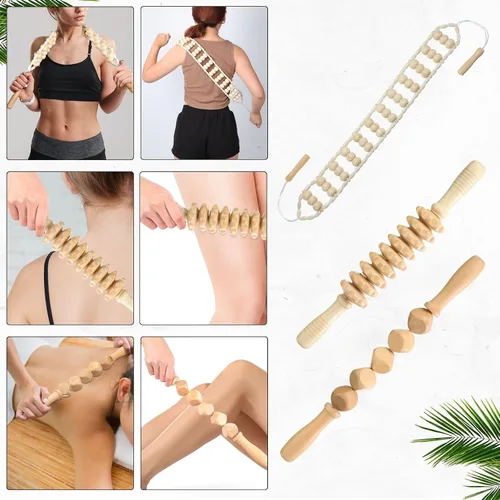 Vista 5 de Chumia 10 piezas de herramientas de masaje de madera, kit de maderoterapia de madera, herramientas de terapia, rodillo de masaje, drenaje linfático