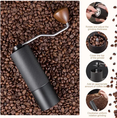 Vista 8 de Molinillo de café manual con capacidad de 0.88 oz, rebabas de acero inoxidable, mango de madera, molinillo de café para rebabas para el hogar, Negro