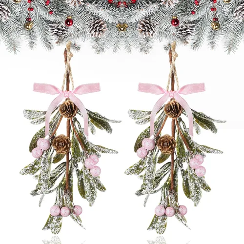 Vista 11 de Giegxin 1 pieza Adorno de Navidad Artificial de Muérdago Colgante con Lazo Rojo Bouquet de Adornos Colgantes de Navidad Floral con Piñas Naturales