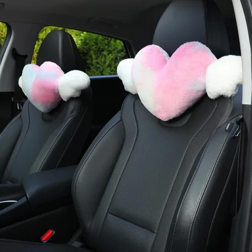 Vista 12 de Paquete de 2 almohadas para reposacabezas de automóvil en forma de corazón con alas de ángel, cómodo cojín suave para reposacabezas kawaii
