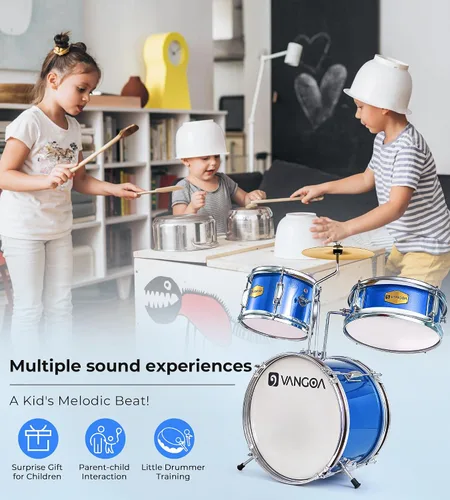 Vista 8 de Juego de batería para niños, kits de batería para principiantes de 14 pulgadas, juego de batería de 3 piezas para niños y niñas, con trono