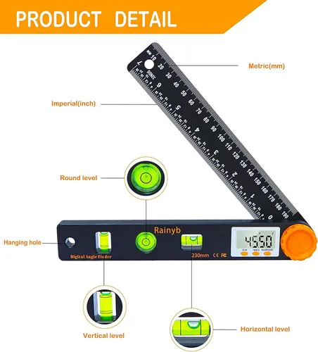 Vista 2 de Rainyb Herramienta de Búsqueda de Ángulo Digital de 7 Pulgadas 0-360 Grados con Transportador Digital LED, Niveles de Burbuja Horizontales