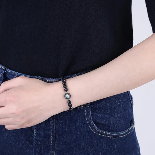 Vista 3 de COAI Pulsera con cuentas de piedra de obsidiana negra con dije de mal de ojo