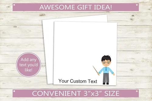 Vista 3 de Notas adhesivas personalizadas con texto personalizado y divertido diseño de profesor masculino/ 3 x 3 pulgadas, 50 notas adhesivas por bloc