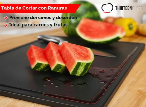 Vista 2 de Thirteen Chefs Tabla de cortar de plástico con ranura para jugos, tabla de cortar pequeña para carne, parrilla, barbacoa, ahumar, frutas y más - 18