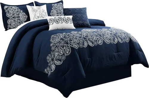 Vista 19 de Chezmoi Collection Linz - Juego de edredón bordado de 7 piezas, diseño de cachemira negro/blanco, tamaño Queen