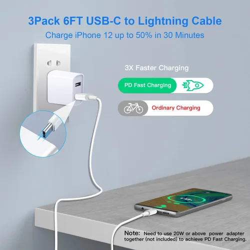 Vista 2 de Mitesbony - Cable USB C a Lightning [certificado MFi] Paquete de 3 cables de carga para iPhone de 1.8 m, entrega de energía tipo C, cable de carga