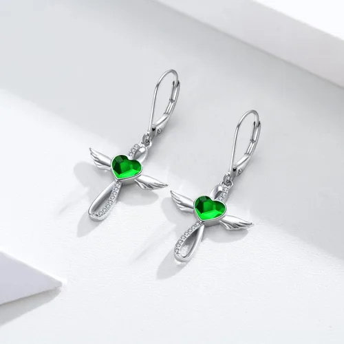 Vista 2 de Midir&Etain Lever Earrings 925 Sterling Silver Birthstone Angel Wings Cross Earrings Crystal Jewelry Birthday Gifts for Women Girls