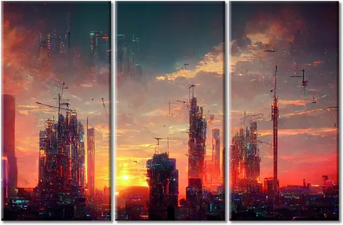 Vista 54 de Arte de pared de 3 piezas de escena de ciencia ficción de la calle comercial futurista paisaje urbano, decoración de pared para dormitorio