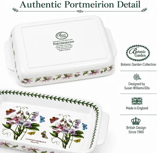 Vista 9 de Portmeirion Botanic Garden - Plato para lasaña Plato para hornear con motivo de guisantes dulces Mide 15 x 11 pulgadas Hecho de porcelana