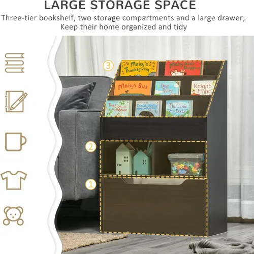 Vista 4 de HOMCOM - Estantería para niños, organizador de varios estantes con cajón de almacenamiento, color marrón para libros, sala