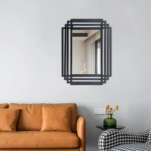 Vista 9 de Espejo de pared rectangular decorativo de 24 x 18 pulgadas con marco de metal negro Geometric Design, HD Mirror, Horizontal/Vertical Hanging, Art