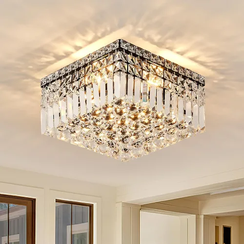 Vista 12 de Lámpara de araña de cristal empotrada de 4 luces con cristales K9, luces de techo modernas, elegante lámpara colgante para dormitorio, pasillo, bar