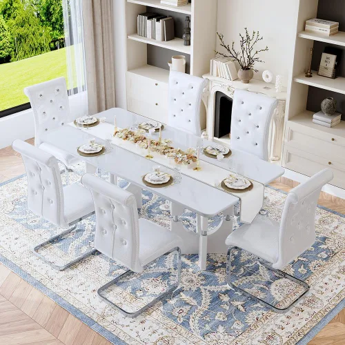 Vista 19 de Mesa de comedor moderna para mesa de comedor de mármol sintético blanco de 6, 8, 71 pulgadas, con patas negras y doradas, mesa de cocina rectangular