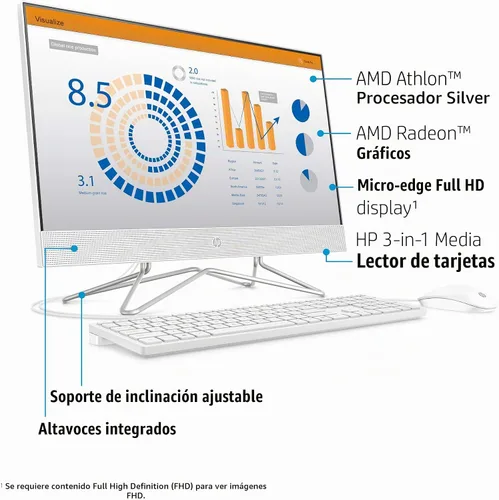 Vista 3 de HP - Computadora todo en uno de 24 pulgadas, procesador AMD Athlon Silver 3050U, 8 GB RAM, 256 GB SSD, Windows 10 Home (24-dd0010, blanco)