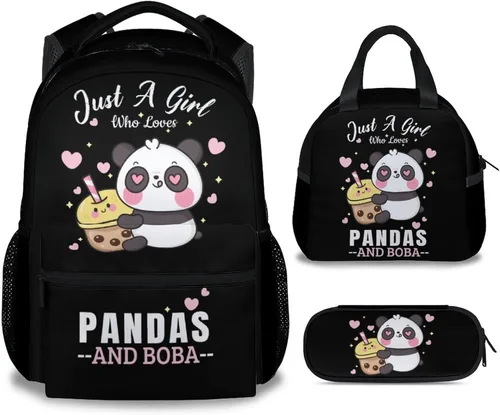 Vista 7 de Mochila Panda para niñas y niños, mochilas negras de 16 pulgadas para la escuela, bonita bolsa ligera y duradera para niños