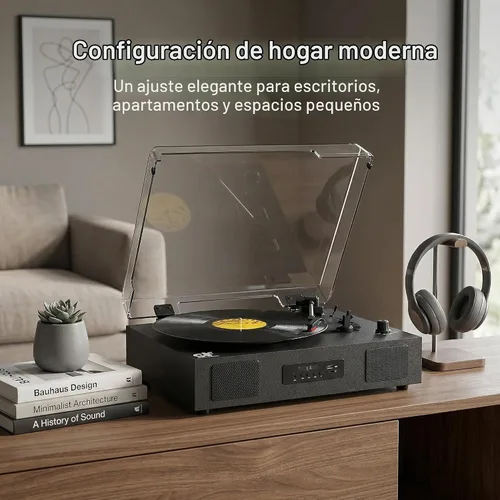 Vista 4 de Tocadiscos de vinilo Bluetooth con dos altavoces incorporados, grabación USB, transmisión por correa, 3 velocidades, tocadiscos para discos