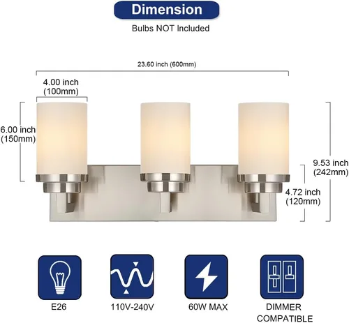 Vista 4 de TODOLUZ Lámpara de baño de 3 luces con pantallas de vidrio blanco ópalo, iluminación moderna de baño sobre espejo de níquel cepillado para cocina