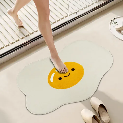 Vista 7 de Lindas y divertidas alfombras de baño con forma irregular de huevo amarillo para niños, antideslizante, absorbente, lavable, alfombra de baño