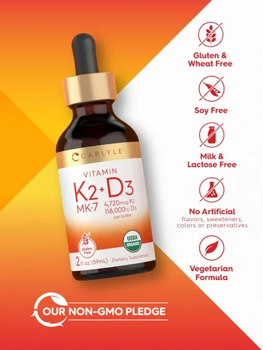Vista 5 de Carlyle Gotas de vitamina D3 K2 2 onzas líquidas Suplemento MK-7 Fórmula vegetariana, sin OMG, sin gluten y sin soja