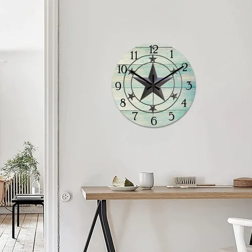Vista 5 de Reloj de pared antiguo con estrella del oeste de Texas vintage, reloj de madera sin tictac, silencioso funciona con pilas, fácil de leer, reloj