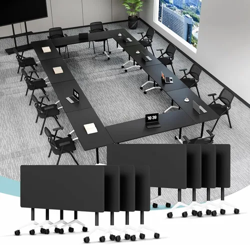 Vista 16 de Mesa de conferencias plegable, mesa modular moderna para sala de conferencias con ruedas para 8-16 personas, mesas de entrenamiento plegables