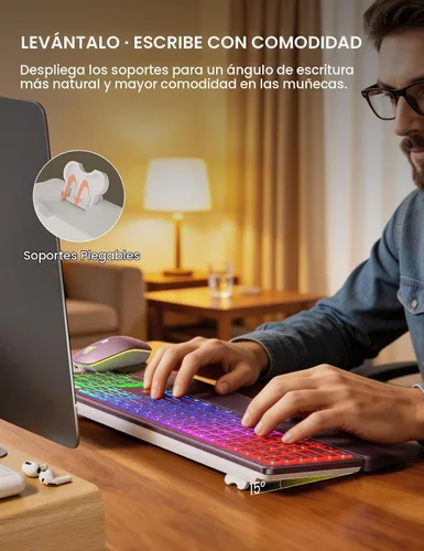 Vista 7 de Wireless Keyboard and Mouse Combo, RGB Backlit, Wirst Rest, Rechargeable