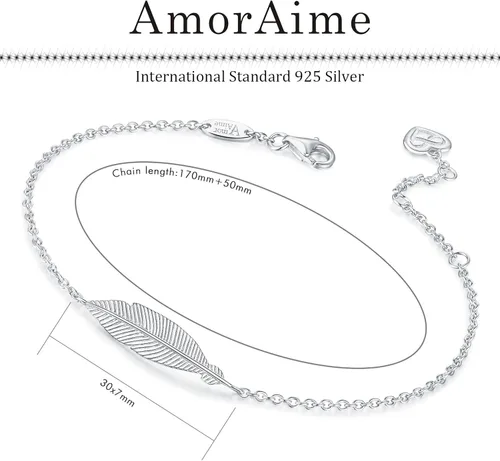 Vista 2 de AmorAime Pulsera de plata para mujer pulsera de plumas simples de la suerte con amor de plata de ley 925 joyería ajustable para niñas