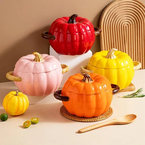 Vista 5 de Olla holandesa con tapa, cacerola de postre de cerámica de calabaza, mini fuente para hornear, lindo cuenco de calabaza, olla holandesa de cerámica