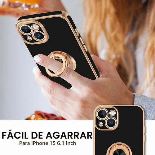 Vista 2 de Hython Funda para iPhone 15 con Soporte de Anillo, Soporte de Anillo Giratorio de 360° Soporte Magnético, Borde Chapado en Oro Rosa Cubierta Suave
